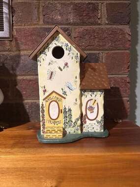Vintage Kathy Hatch Hand Painted Wooden Decorative Birdhouse with Copper Roof